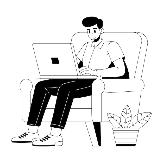 Una ilustración dibujada a mano de una mujer haciendo trabajo remoto desde casa