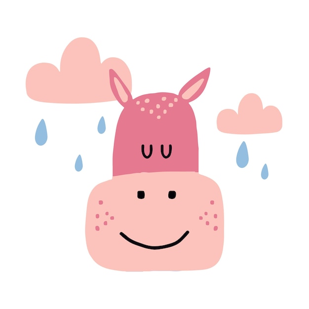 Ilustración dibujada a mano para niños de un hipopótamo rosa hipopótamo con nubes y lluvia