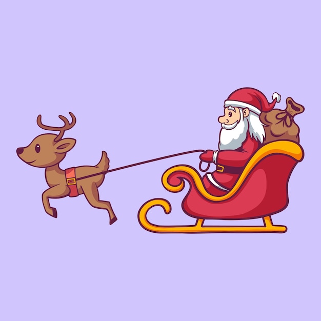 Ilustración dibujada a mano de Papá Noel en el trineo y sus renos