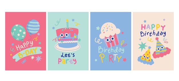 Ilustración dibujada a mano de un paquete de tarjetas de cumpleaños lúdico y colorido