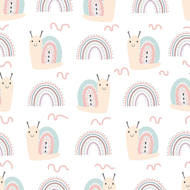Ilustración dibujada a mano y patrones sin fisuras con lindos caracoles y arco iris. Ilustración de bebé de vector en papel digital de estilo escandinavo dibujado a mano simple
