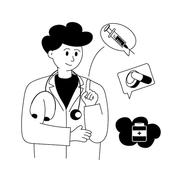 Una ilustración dibujada a mano del pensamiento del médico