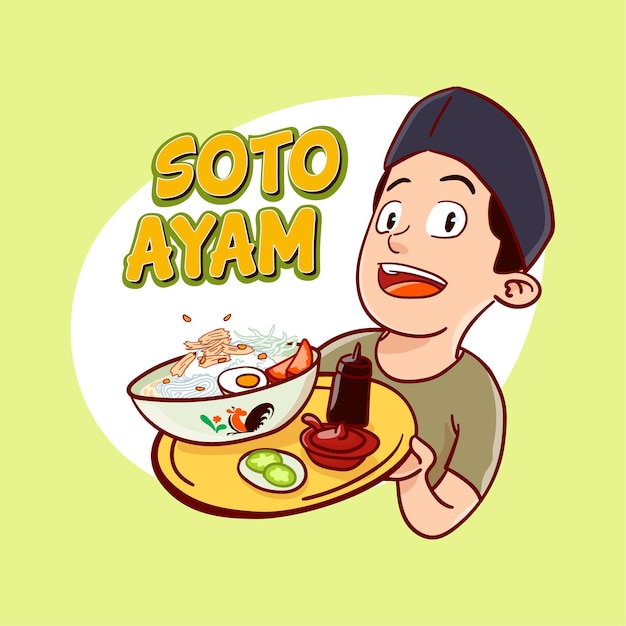 Ilustración dibujada a mano del plato de cocina indonesia de pollo con arroz y salsa de chile