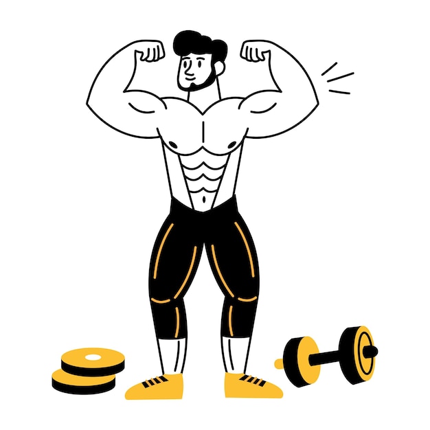 Una ilustración dibujada a mano que representa a un culturista flexionando los músculos