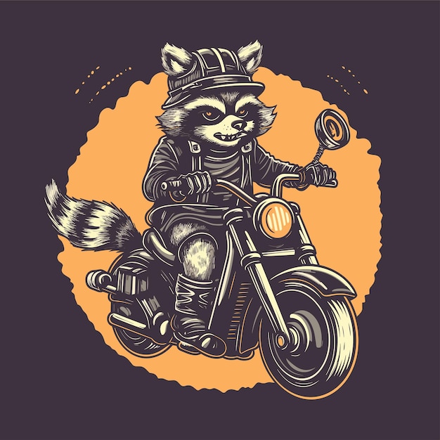 Vector ilustración dibujada a mano de racoon motocrosser