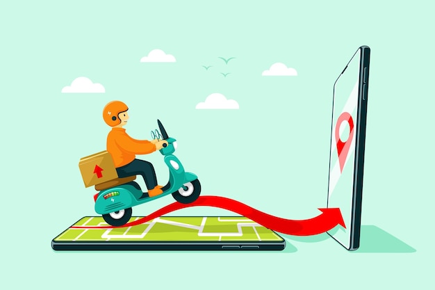 Ilustración dibujada a mano de un repartidor en una motocicleta eléctrica con dos teléfonos móviles