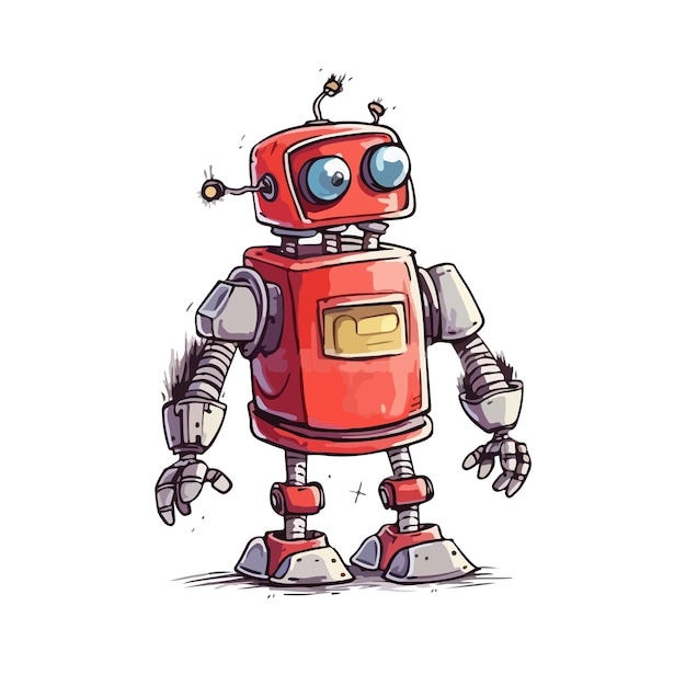 Ilustración dibujada a mano de un robot de dibujos animados en un fondo blanco puro