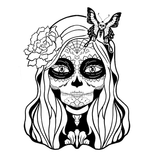 Ilustración dibujada a mano de Santa muerte mexicana