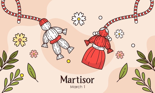 Ilustración dibujada a mano de los símbolos de la primavera Martisor.