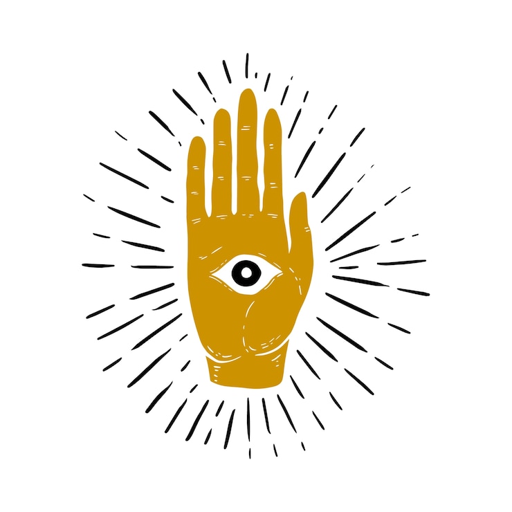 Vector ilustración dibujada a mano de sunburst, mano y símbolo del ojo que todo lo ve. ojo de la providencia. símbolo masónico. imagen
