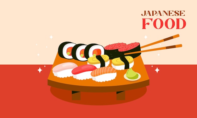 Ilustración dibujada a mano de sushi, ilustración de comida japonesa