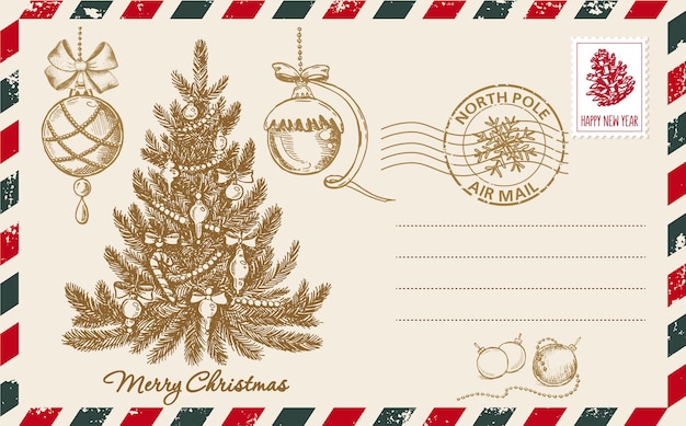 Ilustración dibujada a mano de la tarjeta postal navideña