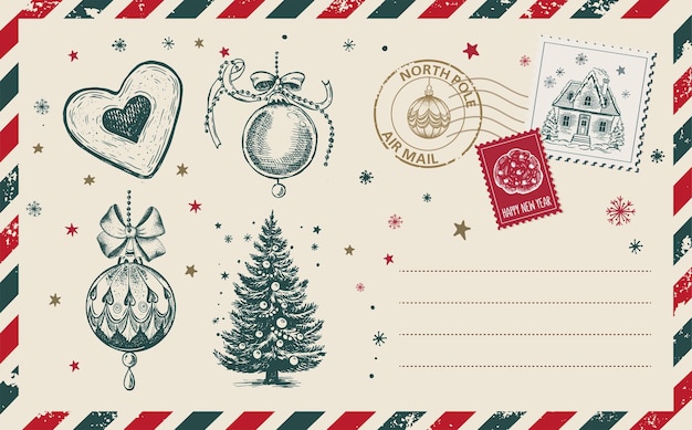 Ilustración dibujada a mano de la tarjeta postal navideña