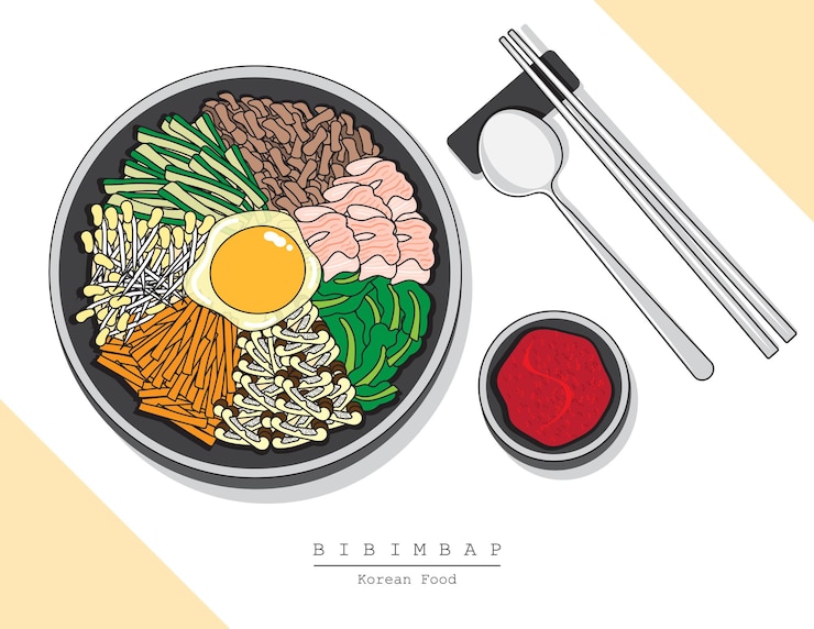 Vector ilustración dibujada a mano del tazón bibimbap de arroz coreano servido con cuchara y palillos en la mesa