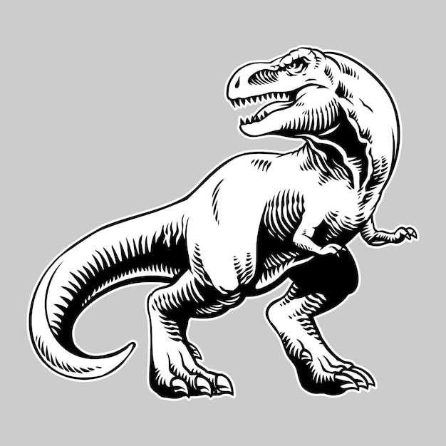 Ilustración dibujada a mano de tiranosaurio en blanco y negro