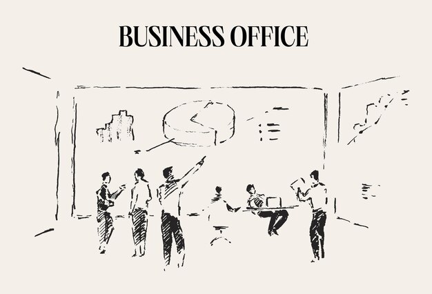 Ilustración dibujada a mano de trabajadores de oficina de negocios en la reunión