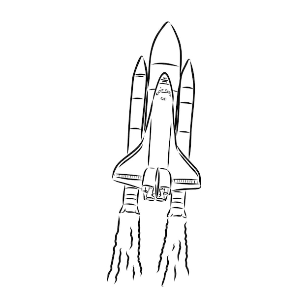 Ilustración dibujada a mano de un transbordador espacial geométrico diseño en estilo de arte de puntos con elementos grabados boceto aislado sobre fondo vintage lanzamiento de cohete espacial concepto para lanzamiento de lanzamiento, etc.