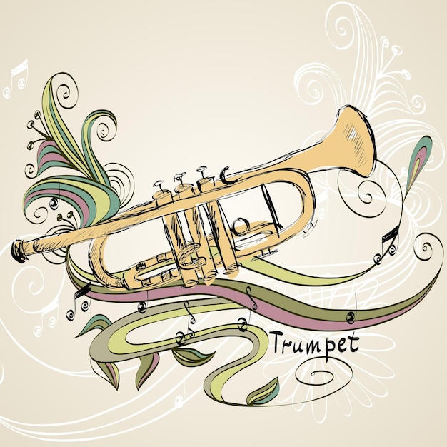 Ilustración dibujada a mano de trompeta musical