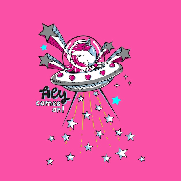 ilustración dibujada a mano Unicornio en nave espacial