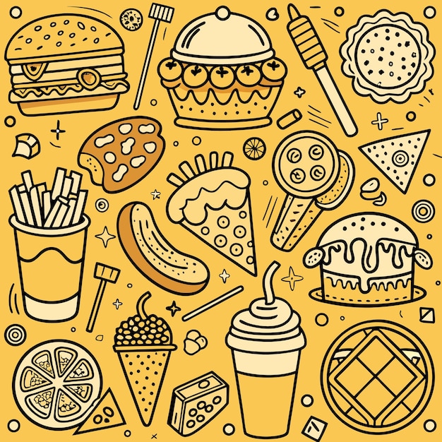 Ilustración dibujada a mano de varios alimentos y bebidas como una hamburguesa, papas fritas, pasteles, helados, galletas de pizza y más.