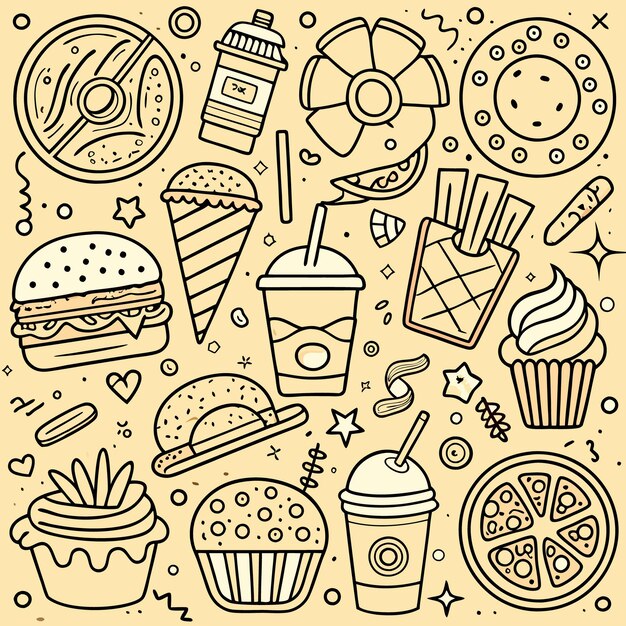 Ilustración dibujada a mano de varios alimentos y bebidas, incluida una hamburguesa, pasteles, pizza y bebidas con un fondo amarillo lúdico