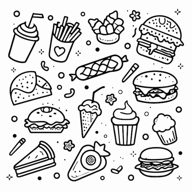 Ilustración dibujada a mano de varios alimentos rápidos y dulces