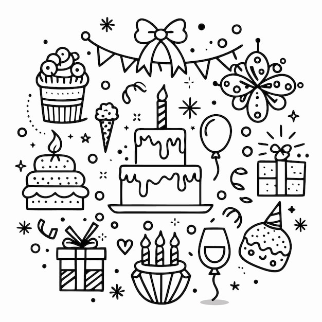 Una ilustración dibujada a mano de varios elementos de la fiesta de cumpleaños, incluidos pasteles, regalos, globos y confeti, todos dispuestos en un patrón circular