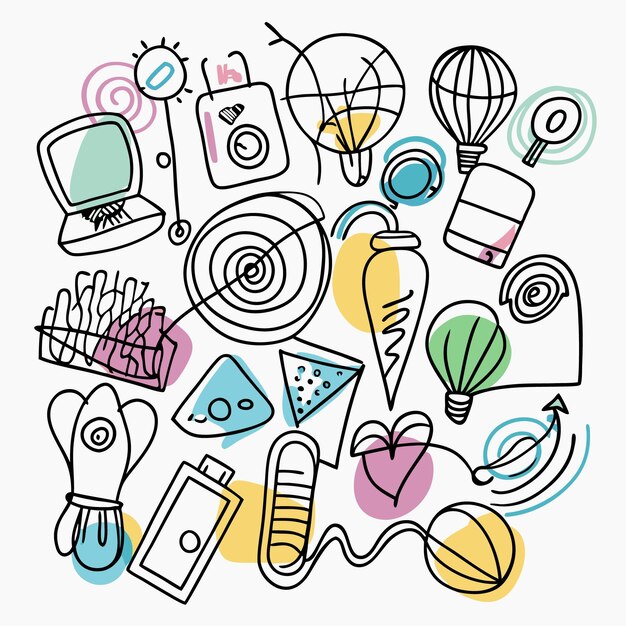 Ilustración dibujada a mano con varios íconos y formas abstractas