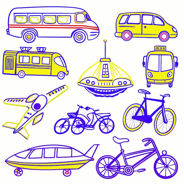 Ilustración dibujada a mano de varios vehículos en amarillo y azul