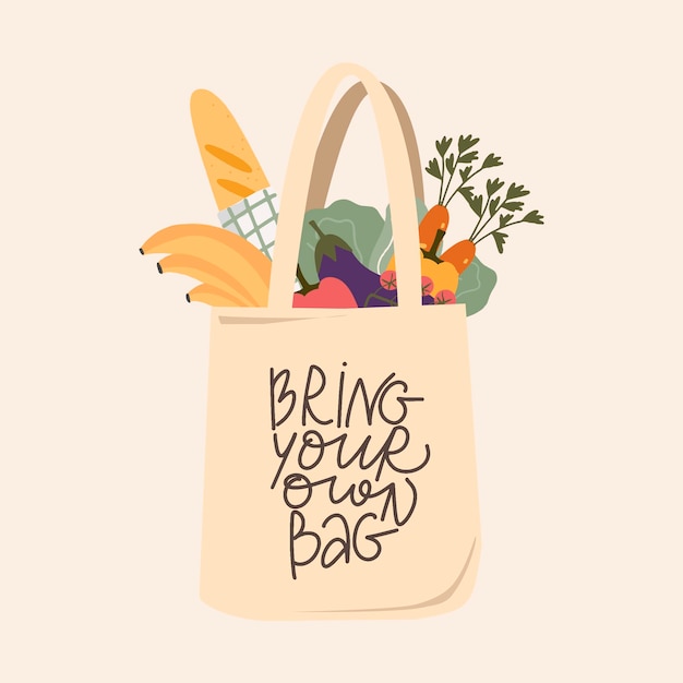 Vector ilustración dibujada a mano con vector de bolsa de basura ecológica. bolsa con frutas frescas, verduras.