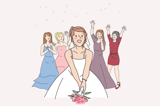 Ilustración dibujada a mano de vector plano de fiesta de lanzamiento de flores de novia y dama de honor sobre tema rosa