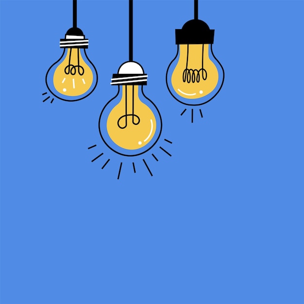 Ilustración dibujada a mano vectorial con bombillas colgantes y lugar para el texto Estilo de boceto hipster moderno Idea única y concepto de pensamiento creativo