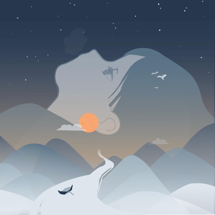 Ilustración dibujada a mano vectorial de montañas con una chica acostada