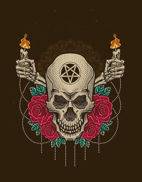 Ilustración dibujada a mano Vela del cráneo con flor de rosa