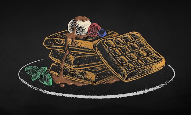 Vector ilustración dibujada con tiza de waffles sobre fondo de pizarra negra