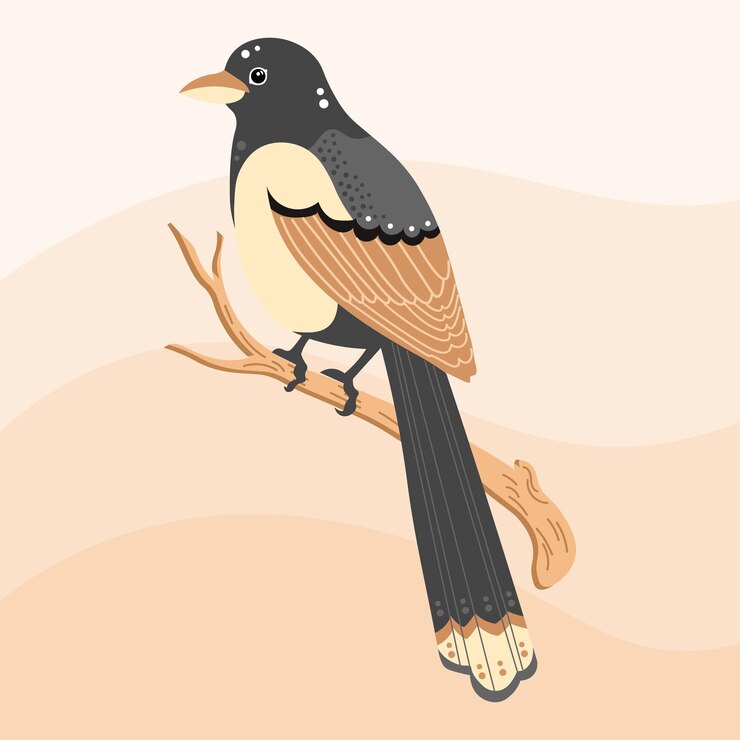 Vector ilustración dibujada urraca de pájaro colorido en una rama de árbol imprimir