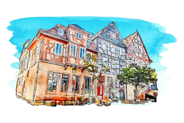 Ilustración de dibujado a mano acuarela de Aschaffenburg Alemania aislado sobre fondo blanco