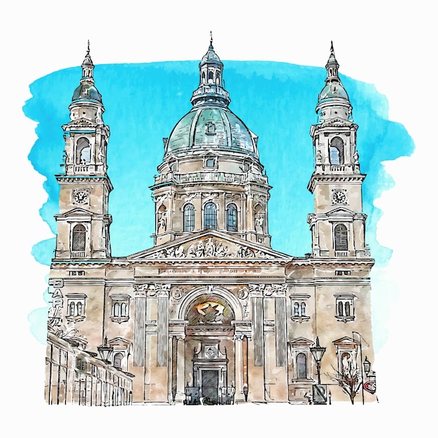 Ilustración de dibujado a mano de acuarela de Budapest Hungría aislado sobre fondo blanco