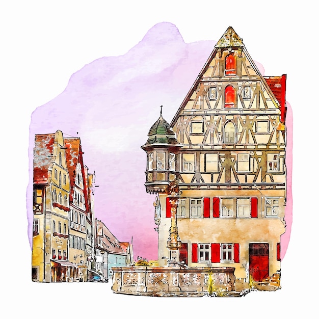 Vector ilustración de dibujado a mano de acuarela de rothenburg alemania aislado sobre fondo blanco