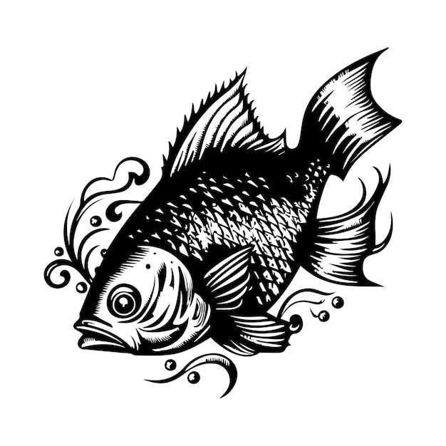 ilustración de dibujado a mano de arte de línea de pescado blanco y negro