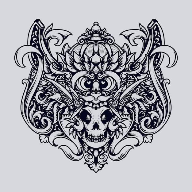 Ilustración de dibujado a mano en blanco y negro adorno de grabado de cráneo de barong
