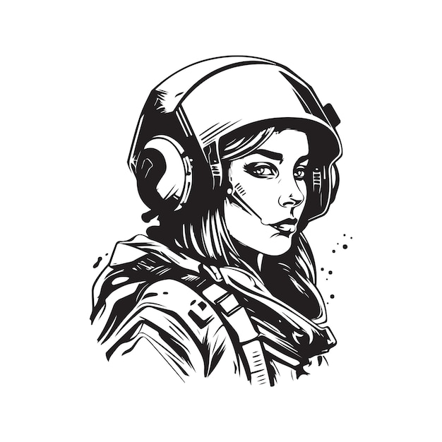 Vector ilustración de dibujado a mano de color blanco y negro de concepto de arte de línea de logotipo vintage de chica soldado futurista