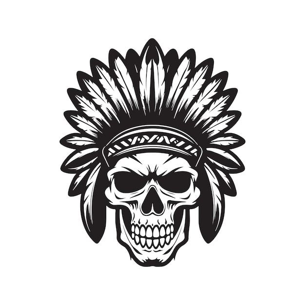 Ilustración de dibujado a mano de color blanco y negro de concepto de logotipo de calavera india