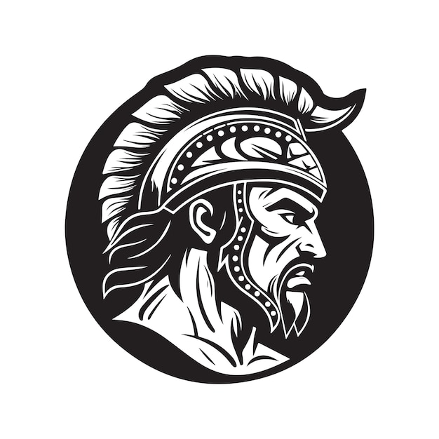 Ilustración de dibujado a mano de color blanco y negro de concepto de logotipo de marca de guerrero