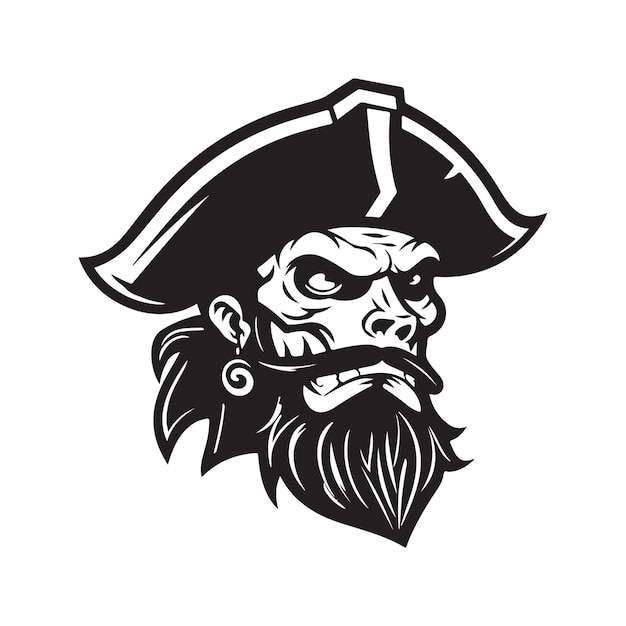 Ilustración de dibujado a mano de color blanco y negro de concepto de logotipo pirata