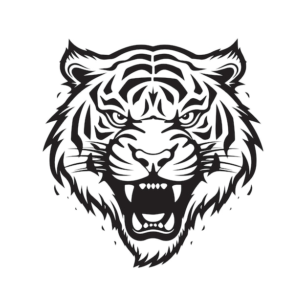 Ilustración de dibujado a mano de color blanco y negro de concepto de logotipo de tigre enojado