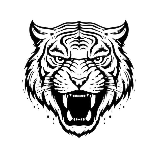 Ilustración de dibujado a mano de color blanco y negro de concepto de logotipo de tigre enojado