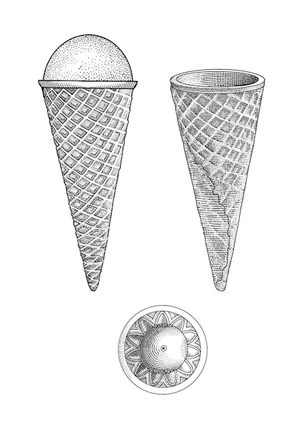 Ilustración de dibujado a mano de conos de helado vintage