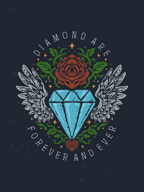 Ilustración de dibujado a mano de diamantes y rosas de la vieja escuela vintage