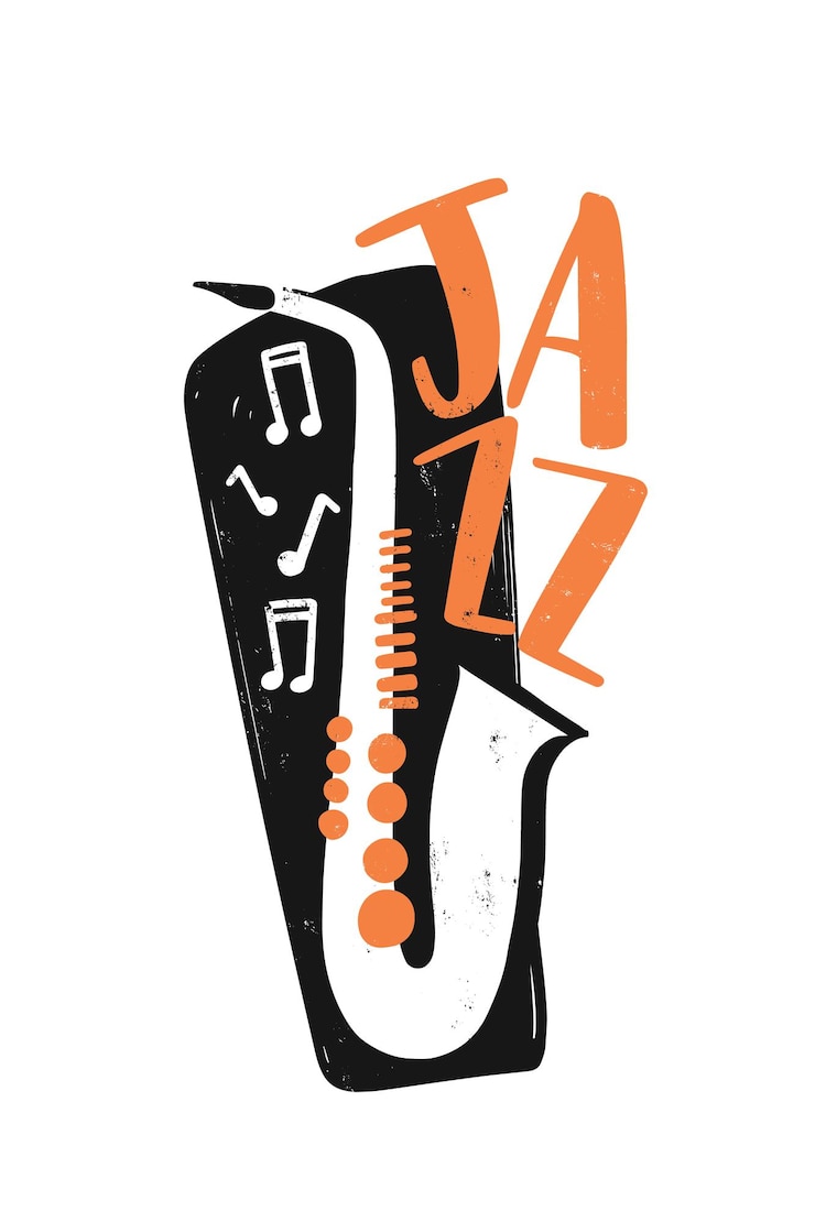 Vector ilustración de dibujado a mano festival de jazz con tipografía. saxofón, notas musicales y composición de letras. dibujo vectorial de instrumentos de viento. logotipo creativo de rendimiento de saxofonista, elemento de diseño.